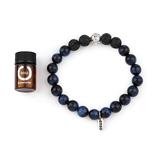 Pulsera Cuarcita Rosa semipreciosas para aliviar el estrés de la ansiedad, Bolas de Lava, aromaterapia, Mujeres y Hombres – Pulsera de Piedra Natural difusor de Aceite 18 cm (Ojo Tigre Azul)