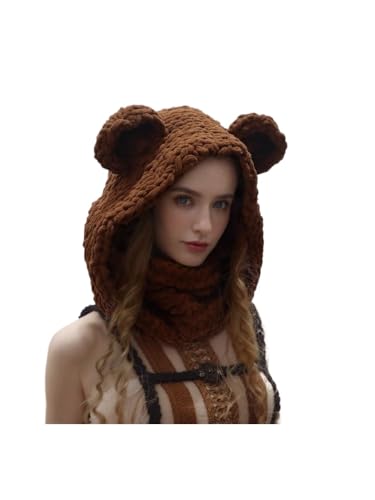 Xojbzoo Y2K Cute Bear Ear Knitted Hat for Women Handmade Knitted with Thick Velvet and One Piece Neck Hat (Brown One Size)