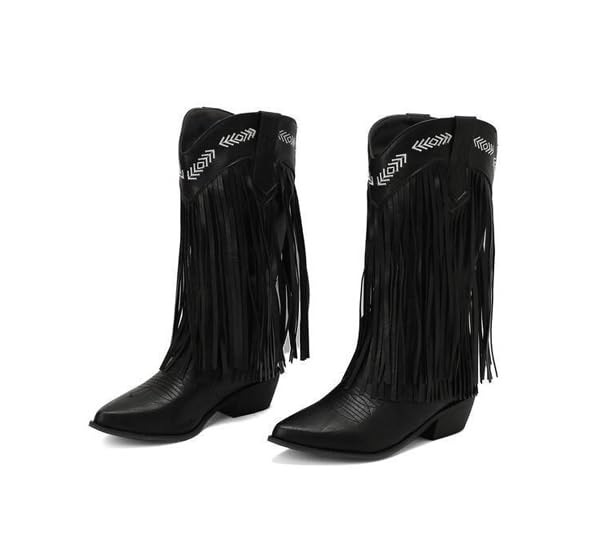Women'S Leather Low Block Heel Tassel Western Cowboy Boots Classic Pointed Toe Embroidery Tassel Pull On Chunky Heels Mid Calf Boots For Parties Prom4