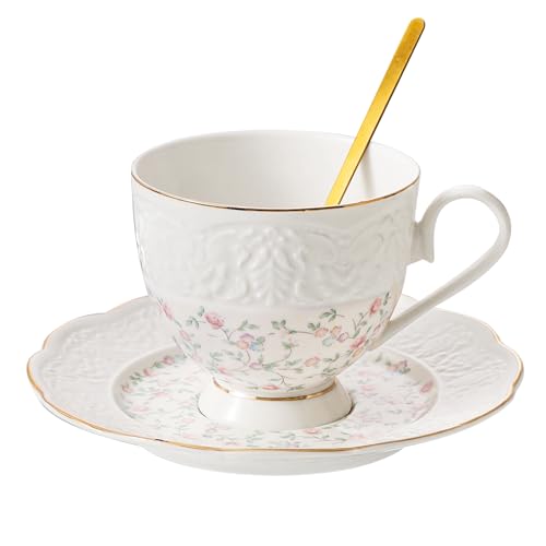 TATSUMI Interglio Embossed Bone China Tea Cup and Saucer Set,