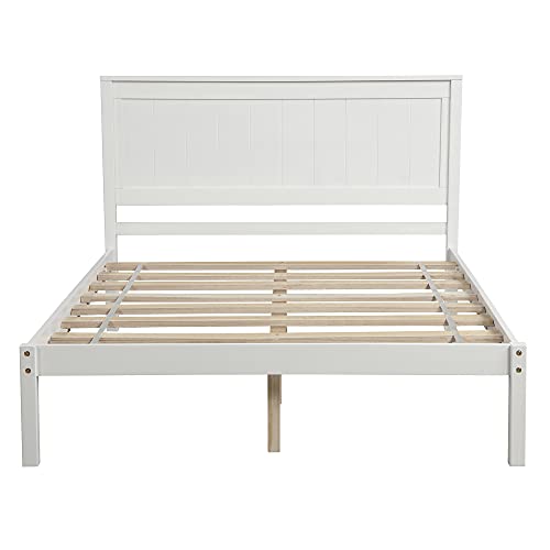 Actual Wood Platform Bed Frame With Headboard/Mattress Foundation/Wood Slat Support/No Box Spring Needed/Easy Assembly, Full.x (White+Full) #TOP3