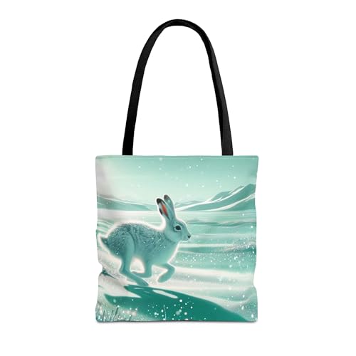 Premium Tote Bag - Arctic Hare Darting Across Mint-Green Snow with Shimmering Flakes, Reinforced Stitching