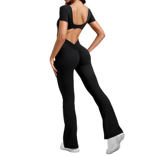 SamHeng Gym Jumpsuit for Women Short Sleeve Scrunch Backless Playsuit Square Neck Flared Wide Leg Yoga Bodysuit Slim Fit Casual Full Length Jumpsuits Romper Workout Going Outfits Sportswear M