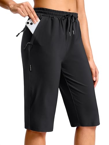 SANTINY Women's 13' Long Hiking Shorts with 3 Zipper Pockets Quick Dry Lightweight Bermuda Knee Length Shorts for Women(Black_L)