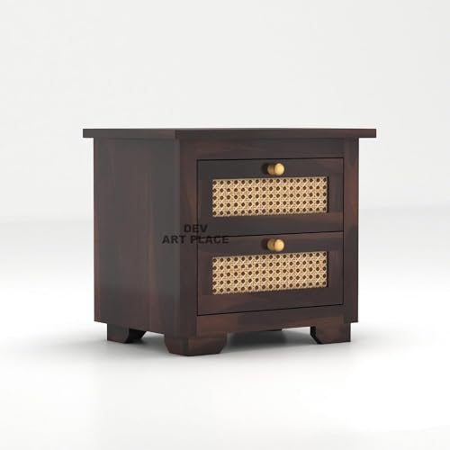 Image of Solid Sheesham Wood Bedside Table for Bedroom | Handmade Pure Wooden Bed Side Nightstand End Table with 2 Drawers Storage for Home & Bed Room | Rosewood, Walnut Finish