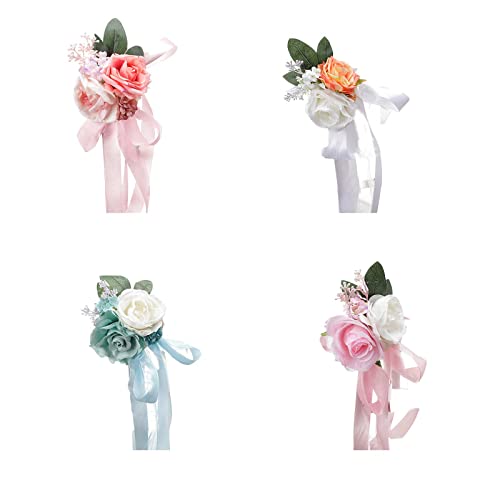HJHIWE Lot de 4 roses artificielles pour décoration d'allée de mariage, couleur crème, décoration de chaise d'église, banc avec nœuds et rubans pour mariage, cérémonie, fête
