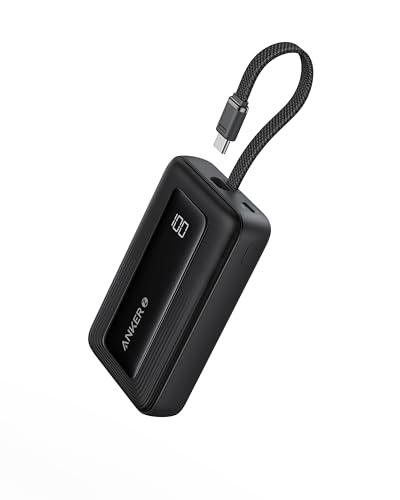 Anker Zolo Power Bank, 10 000 mAh 30 W Höghastighets Portabel Laddare med Inbyggd USB-C-kabel, Snabbladdande Batteripack för iPhone 16-serien, Galaxy, iPad och mer