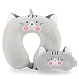 Travel Pillow, Kids Travel Pillow with Sleep Eye Mask Soft Memory Foam Kids Neck Pillow for Boys & Girls, Travel Accessories for Car Airplane Traveling - Grey Cat