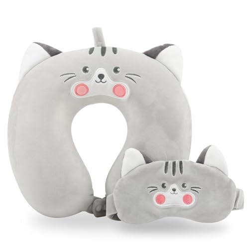 Image of Travel Pillow, Kids Travel Pillow with Sleep Eye Mask Soft Memory Foam Kids Neck Pillow for Boys & Girls, Travel Accessories for Car Airplane Traveling - Grey Cat