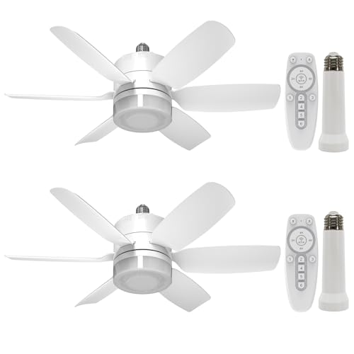 Image of 2-Pack Socket Fan Light with Remote, Ceiling Fan with Lights Dimmable, 3 Colors 3000K-6500K,Timer 2 /4 /6 /8H, 6 Speeds Quiet Screw in E26 /E27 LED Light Bulb for Bedroom Living Room Kitchen Garage Office