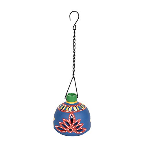 Image of Terracotta Handpainted Blue Matki Hanging Tea Light