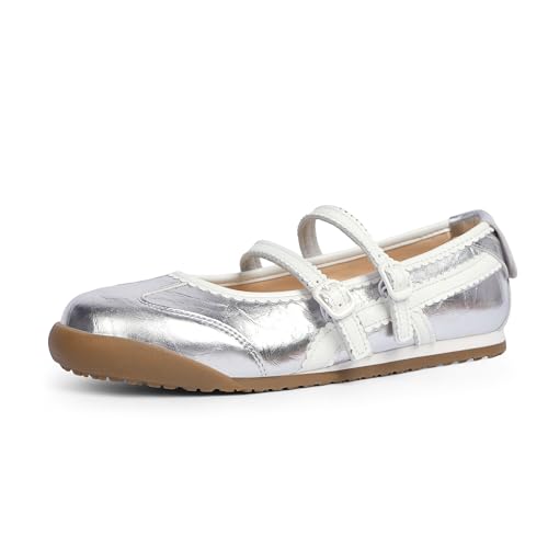 Tigeridea Fashion Sneakers for Women Mary Jane Shoes Comfortable Flat Two Strap Flat Shoes 11 A-silver