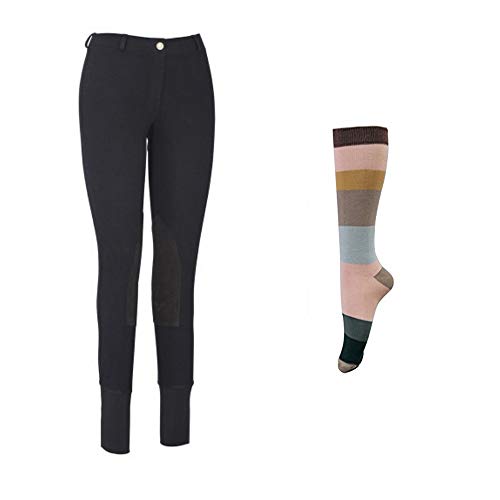 Tuffrider COM100566-479/16/28AND100778-645 Women Starter Lowrise Pull On Breeches With Free Assorted Striped Socks | Knee Patch | Horse Riding Pants cover