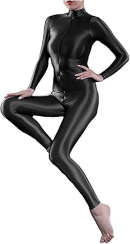 Yaaapiy Damen Glänzend Overalls Ganzkörper Anzug Body Einteiler Bodysuit Jumpsuit Glossy Glatt Strupmhose Leggings Unterwäsche Langarm mit Reißverschluss (schwarz, M)