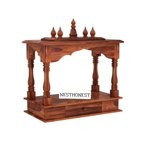 Image of Wall Mounted Solid Sheesham Wood Puja Mandir for Home Solid Wooden Temple for Puja Room with 1 Drawer Storage Pooja Ghar Wooden Furniture for Pooja Room Sheesham Wood, Honey Finish
