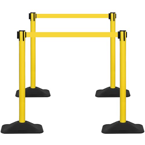 4 Pack Stanchions with Retractable Belts - Crowd Control Barriers with Weighted Rectangle Rubber Base, 10FT Retractable Belt Stanchions for Queue Line, Events, Public Safety(Yellow，4 Pack）