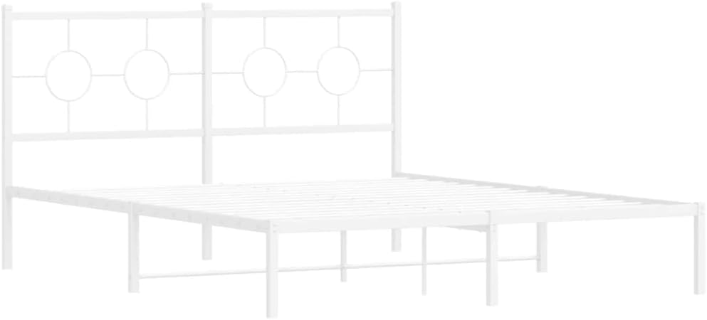 Industrial Metal Bed Frame White Powder-Coated Steel King Size Platform with Headboard Sturdy Heavy-Duty Slatted Foundation for Bedroom Storage and Mattress Support