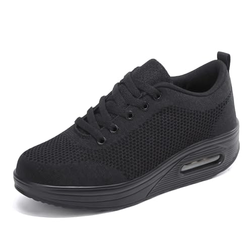 Zapatillas cuña Mujer Deportivas cuña Mujer Zapatos Deporte Gimnasio Zapatillas de Running Ligero Sneakers Cómodos Fitness Zapatos de Trabajo Negro DQ 36EU