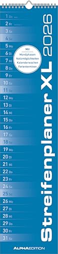 Alpha Edition - Streifenplaner XL Blau Kalender 2026 15x64 cm Schmaler Wandplaner Einspaltiger Langplaner für Küche Büro & Haushalt Mit Platz für Notizen & Feiertagen (DE/AT/CH)