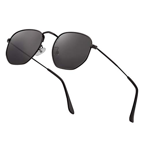 Modern Geometric Polarized Metal Slim Arms Neutral Colored Lens Hexagonal Sunglasses Men Women Square Small Vintage Frame Retro Round Mirrored Driving Shade Sun Glasses(Grey Lens/Black Frame)