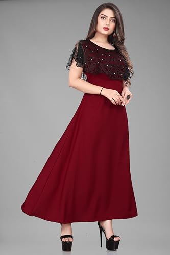 Image of Women's Poly Crepe Round Neck Plain Gown Dress