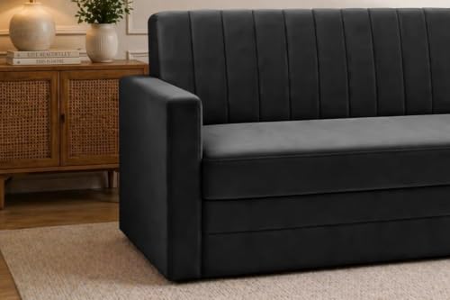 Image of Modern Velvet 3 Seater Sofa Cum Bed with Armrest, Convertible Sleeper Couch Sofa for Living Room, Bedroom & Office - Black Color