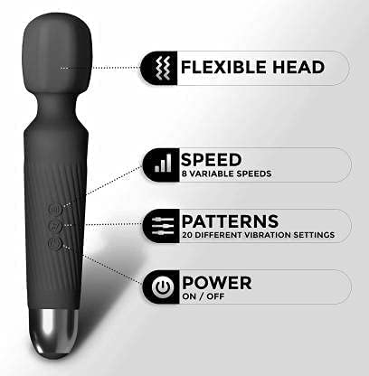 Image of Cordless Rechargeable Personal Wand Full Body Massager Pain Relief Machine with 20 Vibration Modes 8 Speeds Patterns Flexible Head Water Resistant Wireless Portable Battery Powered Ultimate Relaxation for Women & Men, (Multi color )