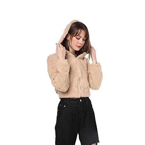 Zaful Women's Hooded Zip Up Faux Shearling Fluffy Teddy Jacket Coat (1-Light Khaki, S) #TOP2