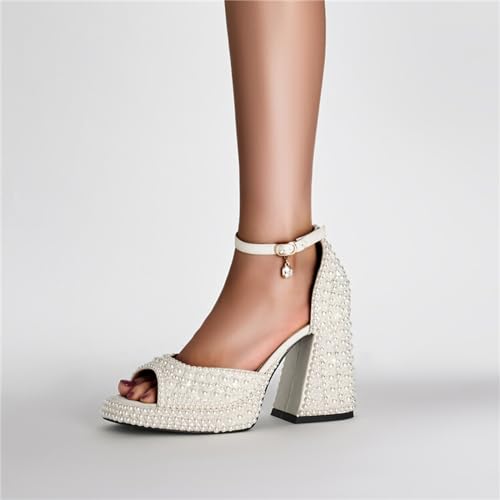 Image of Goolita Womens Open Toe Pearl Platform Heels For Women Chunky Buckle Ankle Strap Wedding Heeled Sandals Dress Evening Bride Bridal Shoes