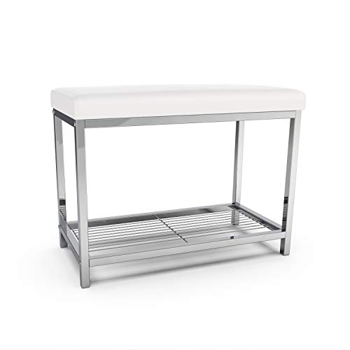 MODERNA Extra Wide Bathroom Bench for Vanity, Bedroom, Shoe Rack, Entryway and Hallway, with White Cushion Vegan Leather Seat, Chrome Steel Frame with Storage Shelf