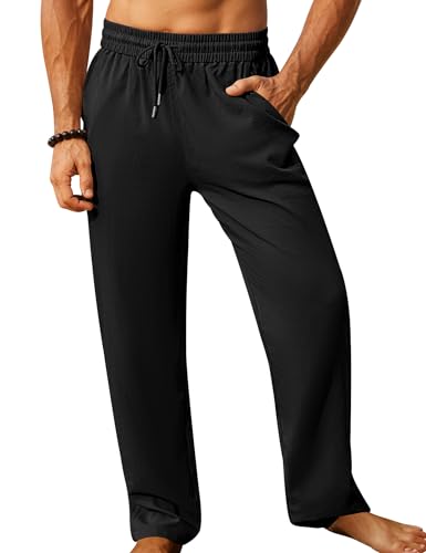 iWoo Mens Elastic Waist Drawstring Pants Summer Beach Pants Linen Yoga Pants Black XL