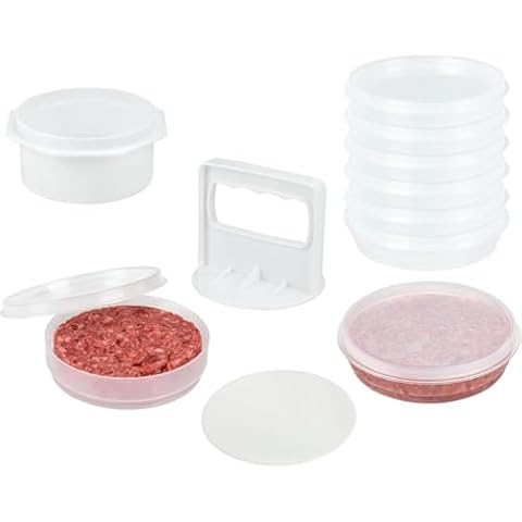 Mission Gallery Hamburger Press Patty Maker - 4 in1, Burger Mold, Patty Press, 6 Storage Containers, 100 Round Papers - Hamburger Patty Maker Tool for BBQ - Burger Shaper for Meat, Veggie Patties Cover