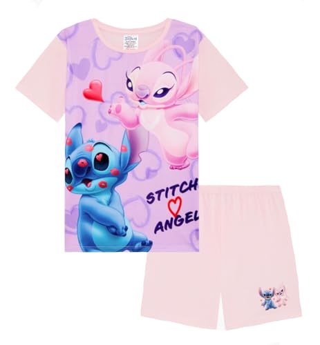 Disney Stitch & Angel Girls Pink Shortie Pyjamas | Kids Lilo & Stitch Summer PJs | Short Sleeve Top & Shorts Nightwear Set Age 56 Years