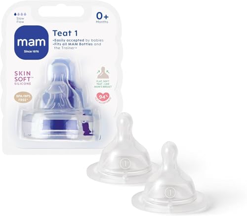 MAM Teats Size 1 | 2 Pack | Slow Flow | Fits All MAM Bottles | Made from SkinSoft Silicone | Baby Accessories for Newborn
