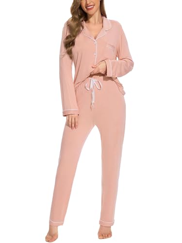 Image of Women's Pajama Tops and Pajama Pants Women Long Sleeve Button Sleepwear PJ Set, Nude, XXL