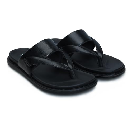 Image of Men's Solid Casual Flat Slipper, Faux Leather Slip-on V-Strap Fashion Slipper For Men