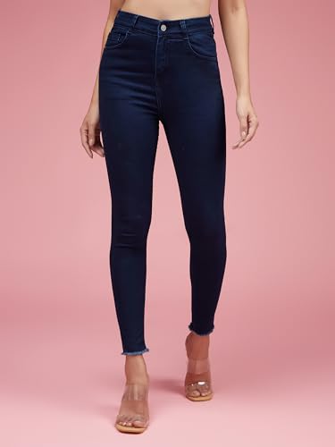 Image of Miss Chase Women's Skinny High Rise Cropped Fringed Hemline Stretchable Denim Jeans (MCAW24DEN94-45-71-30, Navy Blue, 30)