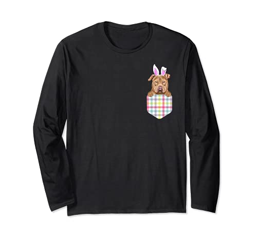Easter Plaid American Staffordshire Terrier Dog In Pocket Long Sleeve T-Shirt, Black