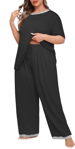 Lastshe Womens Plus Size Pajama Set 2 Piece Short Sleeve Pants Sleepwear Pjs Lounge Set Knit Soft with Pockets2