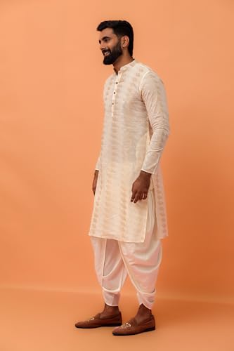 Kisah Men Pearl White Geometric Embellished Kurta Full Sleaves, Knee Length, Straight, Regular Fit, Mandarin Collar Ethnic Wear