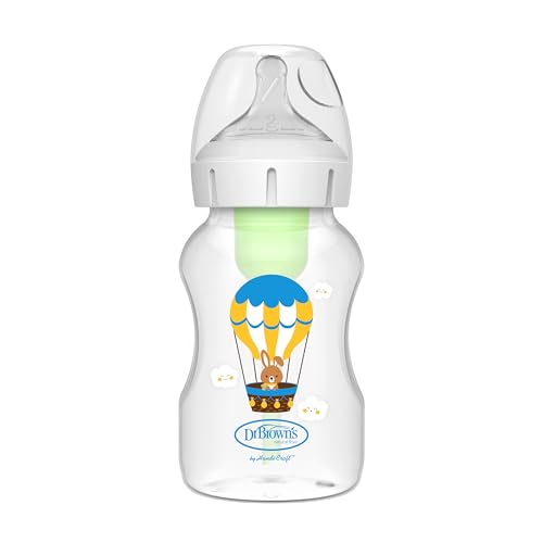 Dr. Brown’s Biberón Anticólicos de Boca Ancha Options+ 330 ml   Sistema Patentado con Ventilación Interna   Tetina N2 de Flujo Medio +3 Meses   Silicona Médica y Polipropileno Sin BPA   Conejo Globo