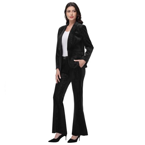 Lamgool Women Pantsuit Dressy Silver Thread Velvet 2 Piece Suit Set Blazer and Flared Pants3