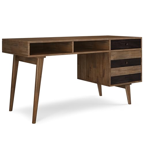 Image of SIMPLIHOME Clarkson Desk - 60 Inch Wide Solid Acacia Wood Writing Desk in Rustic Natural Aged Brown, Contemporary Home Office Computer Table for Study with 2 Side Drawers and Open Storage Compartments