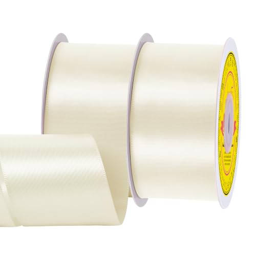 Image of 2 Rolls Double Face Ivory Satin Ribbon 2 Inch Polyester Ivory Ribbon for Gift Wrapping Very Suitable for Weddings Party Invitation Decorations and More,Total 50 Yards