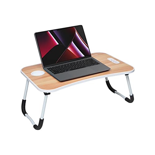 Image of Amazon Basics Engineered Wood Foldable Laptop Table with Cup Holder, Tablet Groove and Mini Drawer (60L x 40W x 26H cm, Brown)