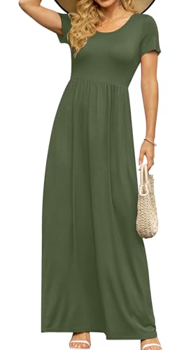 Image of DB MOON Womens 2026 Casual Summer Plus Size Maxi Dresses Short Sleeve Empire Waist Long Dress with Pockets(Olive, 2XL)