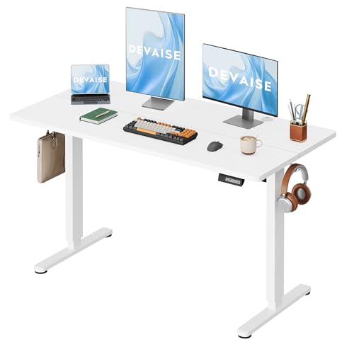 DEVAISE Höhenverstellbarer Schreibtisch 140x70 cm mit Leisemotor und Memory-Funktion für 3 Höhen, Sitz-Steh-Schreibtisch, Höhenverstellung 72–118 cm, Ergonomischer Computertisch für Büro,Weiß