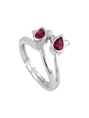 Image of 925 Sterling Silver Red Pear Gemstone Adjustable Ring for Women