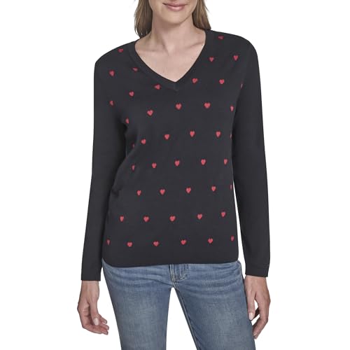 Tommy Hilfiger Women's Sportswear V-Neck Hearts Ivy Sweater, Sky Captain/Chili Pepper, Large