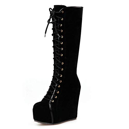 KOKOMOMO Womens Platform Wedge High Heels Mid Calf Length Lace Up Boots3